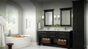 Image from Woodland Cabinetry Inspiration Gallery showing Hill Plus Oak bathroom cabinets with Charcoal Wash finish