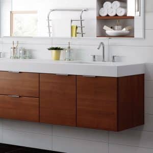Image from Woodland Cabinetry showing Metro HG bathroom cabinets with Cherry wood Rift Cut Veneer and Sienna finish
