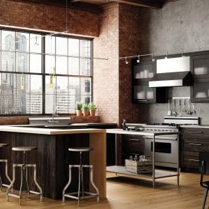 Image shows industrial style Woodland Cabinetry in rich brown