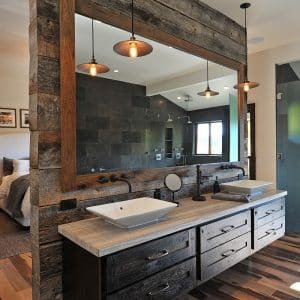Image from Woodland Cabinetry Inspiration Gallery showing Oak Farmstead Reclaimed Patina Rustic Farms bathroom cabinets