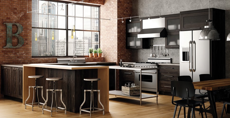 Image shows industrial style Woodland Cabinetry in rich brown