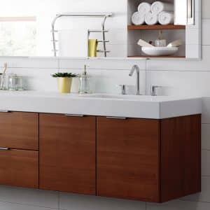 Image from Woodland Cabinetry Inspiration Gallery showing Metro HG bathroom cabinets with Cherry wood Rift Cut Veneer and Sienna finish
