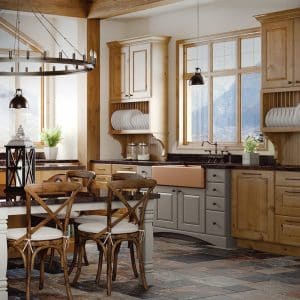 Image from Woodland Cabinetry Inspiration Gallery showing kitchen with Rustic Hampton Alder hardwood cabinetry doors with Sienna stain