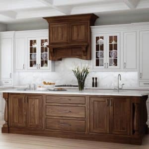 Image from Woodland Cabinetry Inspiration Gallery showing kitchen with Tara Plus Walnut cabinetry doors