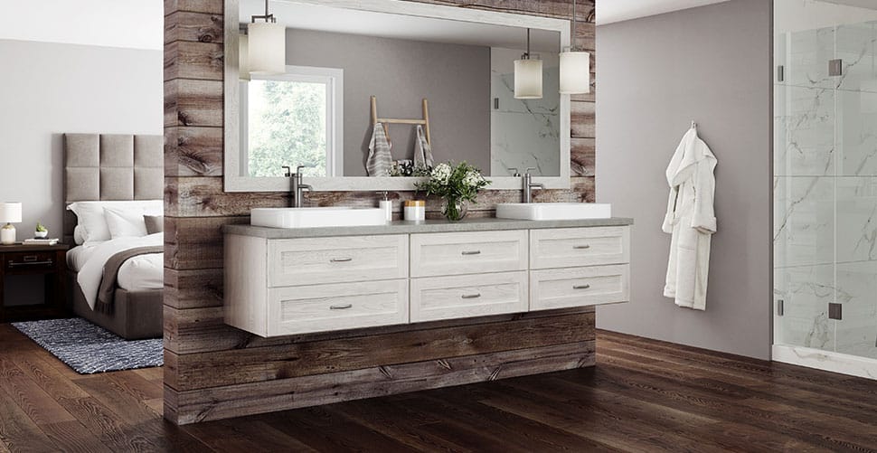 Image shows Woodland cabinetry rustic farmhouse patina oak cabinetry in cottage white